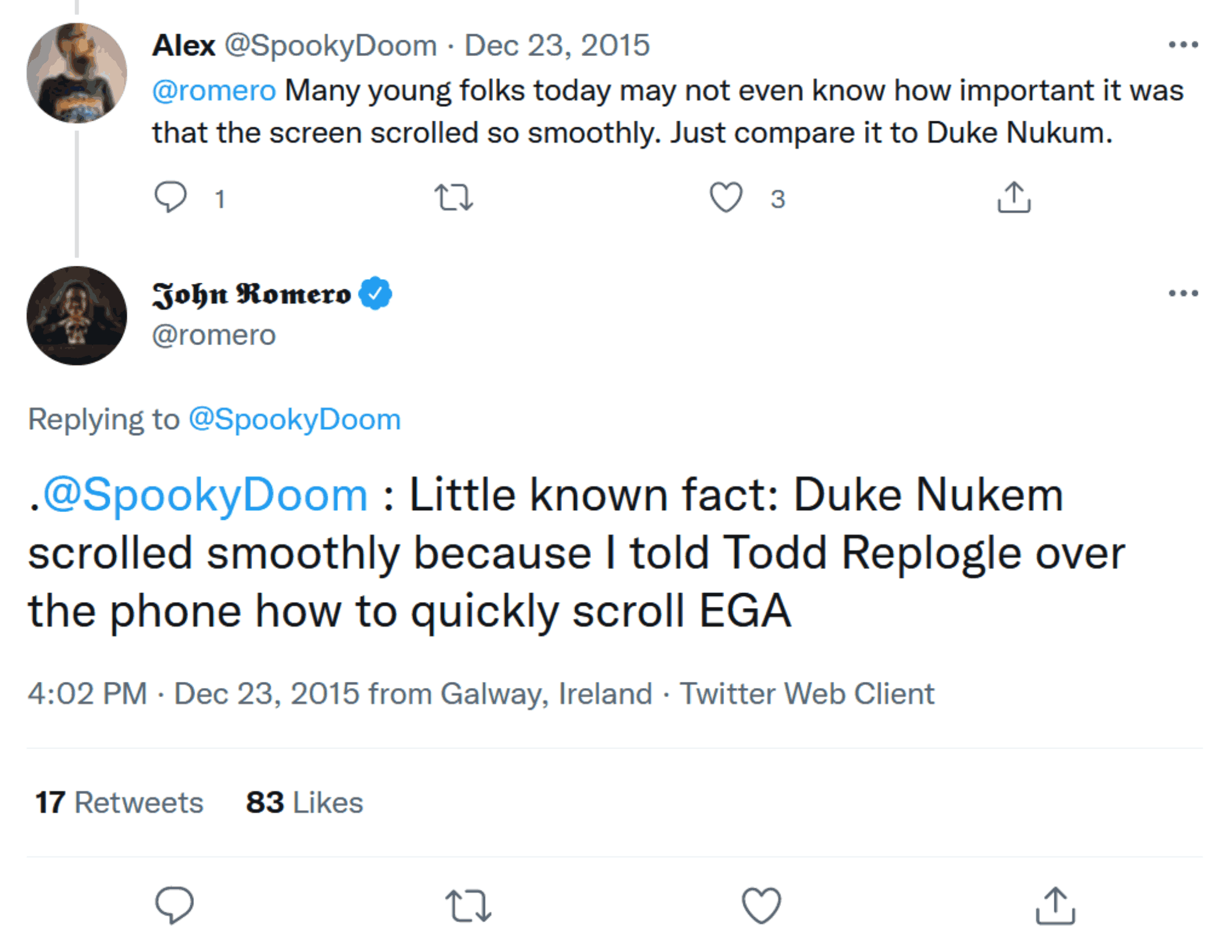 Screenshot of a Twitter exchange between @SpookyDoom and @romero.